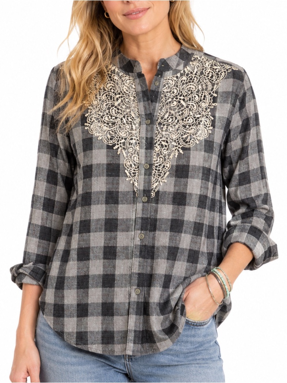 Sundance Plaid Lace Shirt Gray Western Cowgirl Feminine Cassidy Buffalo Check S